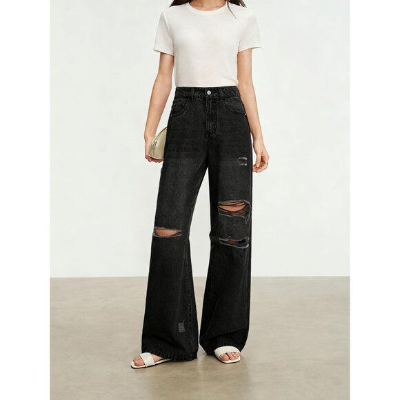 Distressed Wide Leg Jeans Women's High Waisted Ripped Casual Denim Pants - Picture 6 of 6